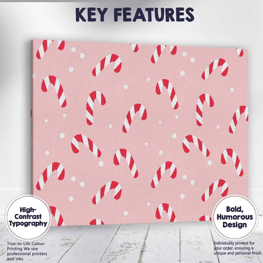Cute Pink Candy Cane Christmas Seamless Repeat Pattern Canvas Wall Art Print Decor Picture Ready to Hang