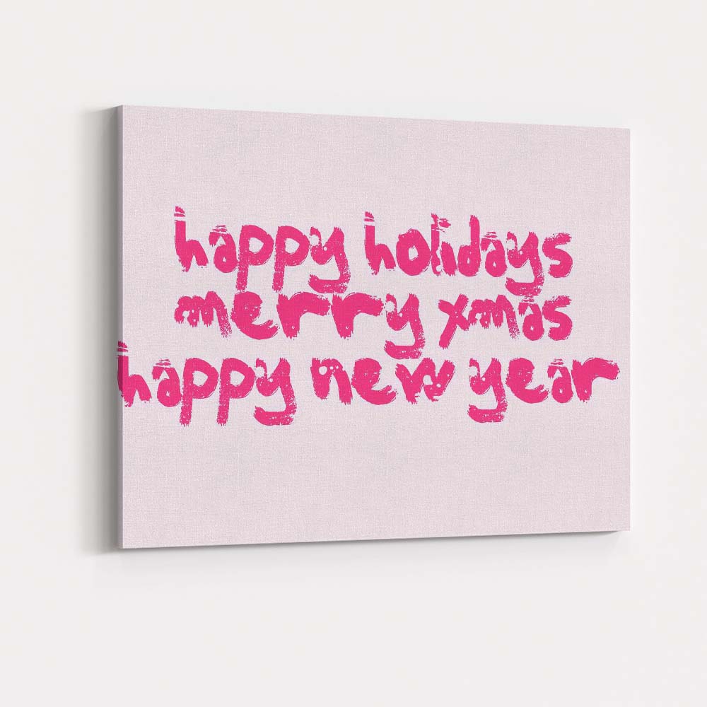 Happy Holidays Merry Xmas Typography Pink Quote Canvas Wall Art Print Decor Picture Ready to Hang