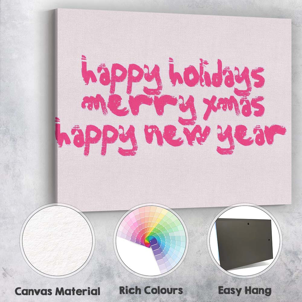 Happy Holidays Merry Xmas Typography Pink Quote Canvas Wall Art Print Decor Picture Ready to Hang
