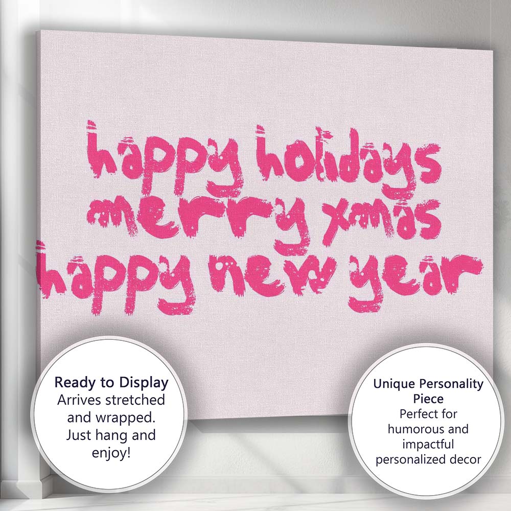 Happy Holidays Merry Xmas Typography Pink Quote Canvas Wall Art Print Decor Picture Ready to Hang