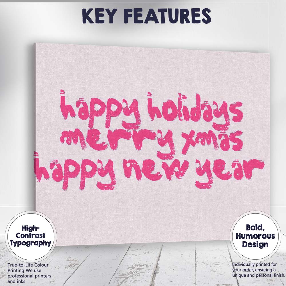 Happy Holidays Merry Xmas Typography Pink Quote Canvas Wall Art Print Decor Picture Ready to Hang