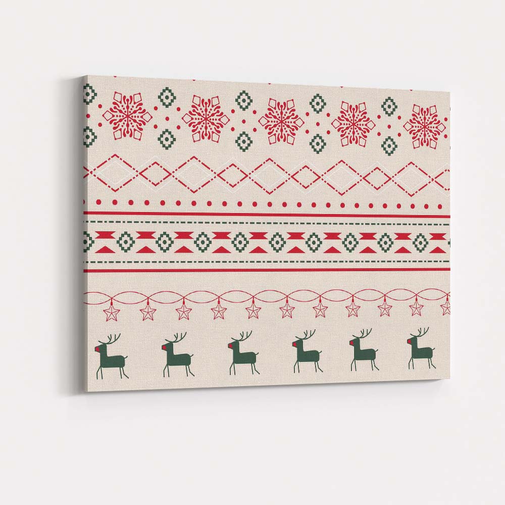 Scandinavian Christmas Fair Isle Reindeer Snowflake Nordic Pattern Canvas Wall Art Print Decor Picture Ready to Hang