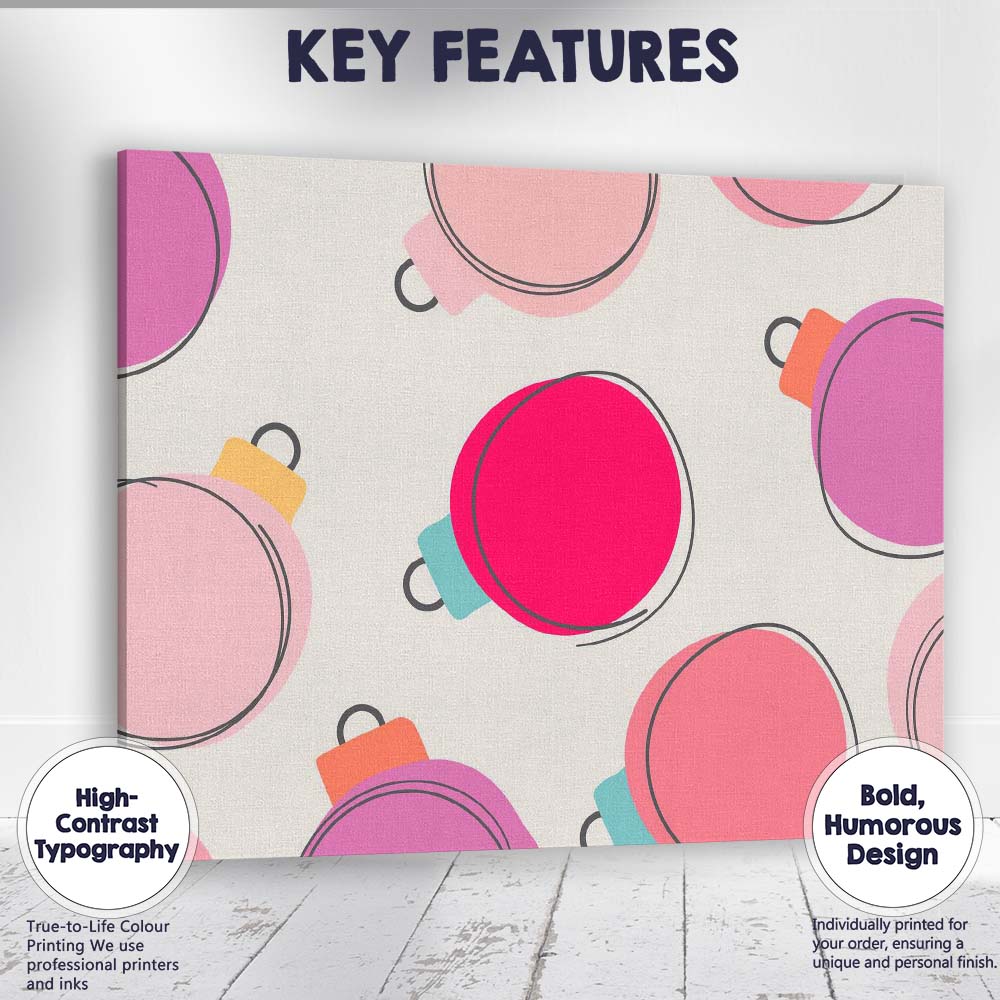 Minimalist Pink Christmas Bauble Repeat Pattern Modern Festive Design Canvas Wall Art Print Decor Picture Ready to Hang