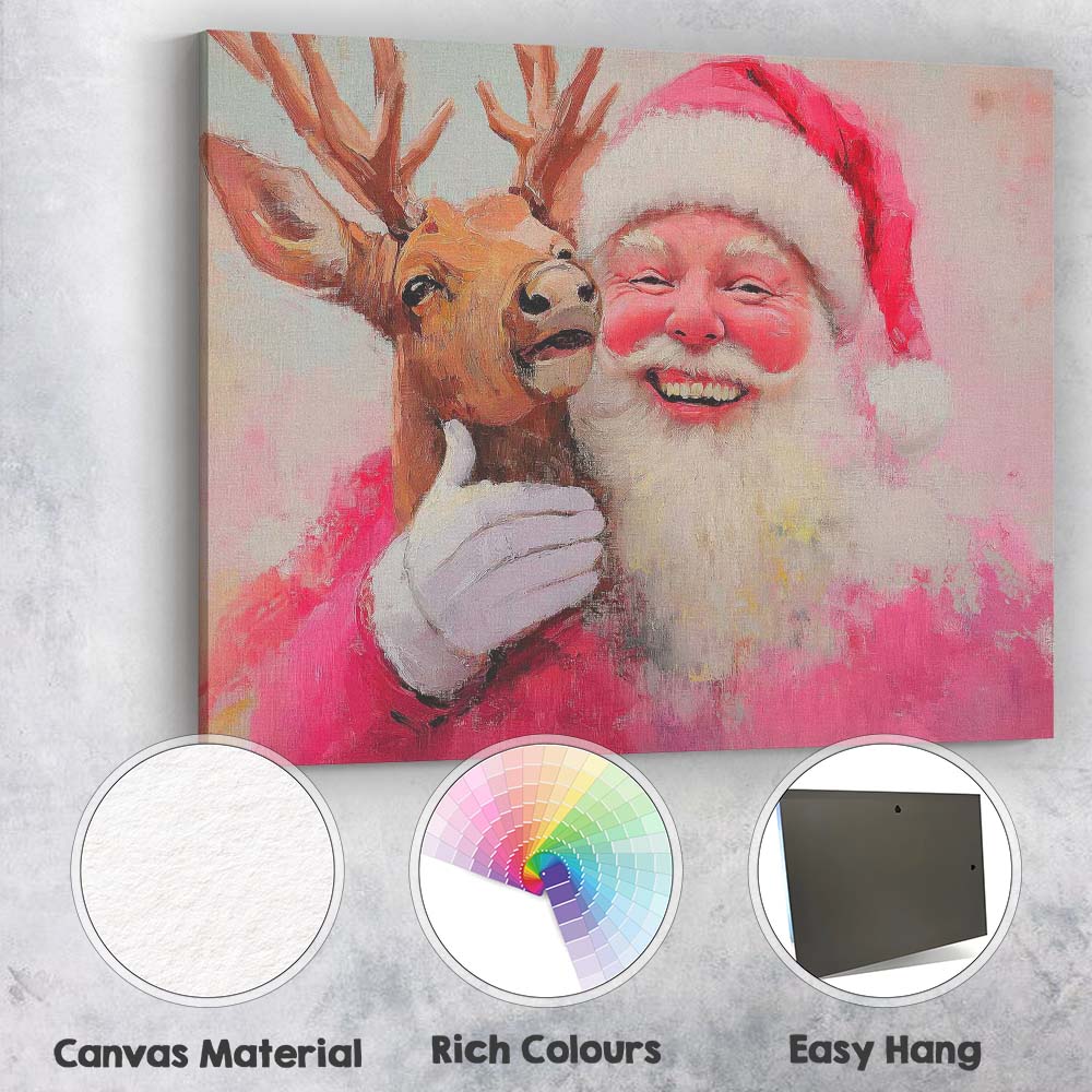 Festive Santa Claus With Reindeer Portrait Painterly Christmas Illustration Canvas Wall Art Print Decor Picture Ready to Hang
