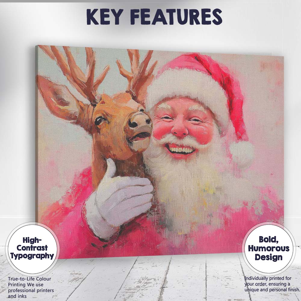 Festive Santa Claus With Reindeer Portrait Painterly Christmas Illustration Canvas Wall Art Print Decor Picture Ready to Hang
