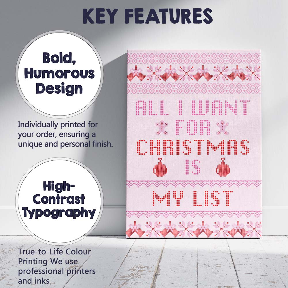 Funny Christmas Cross Stitch Quote All I Want For Christmas Is My List Typography Canvas Wall Art Print Decor Picture Ready to Hang