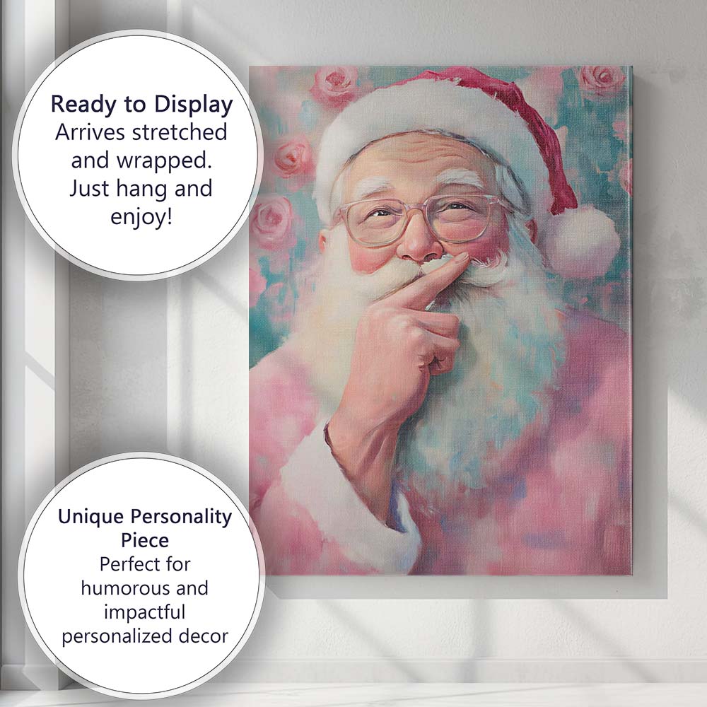 Whimsical Santa Claus Portrait With Glasses Pink Festive Painting Canvas Wall Art Print Decor Picture Ready to Hang