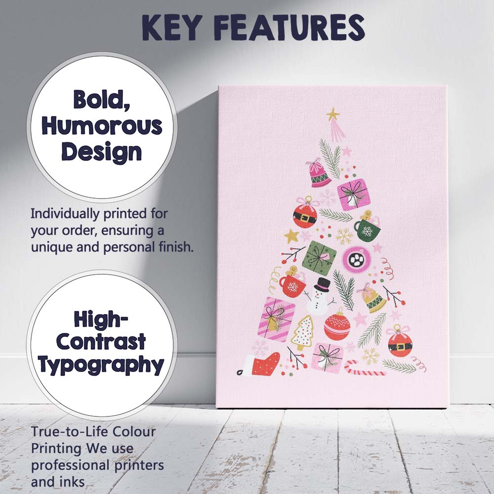 Minimalist Pink Christmas Tree Festive Icons Illustration Canvas Wall Art Print Decor Picture Ready to Hang