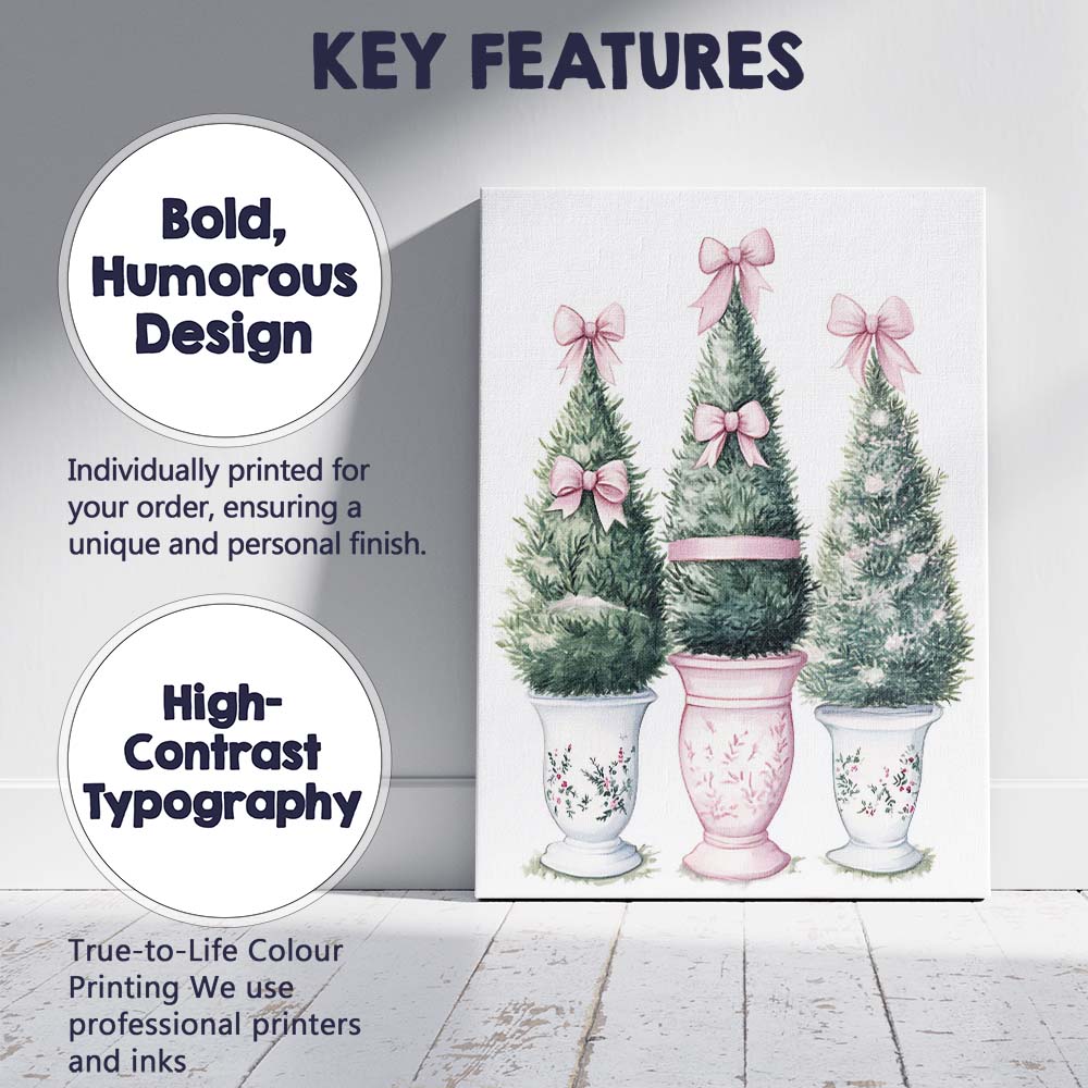 Watercolour Christmas Topiary Trees With Pink Bows Canvas Wall Art Print Decor Picture Ready to Hang