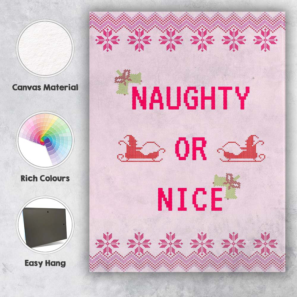 Pink Nordic Naughty Or Nice Christmas Typography Knitted Pattern Canvas Wall Art Print Decor Picture Ready to Hang