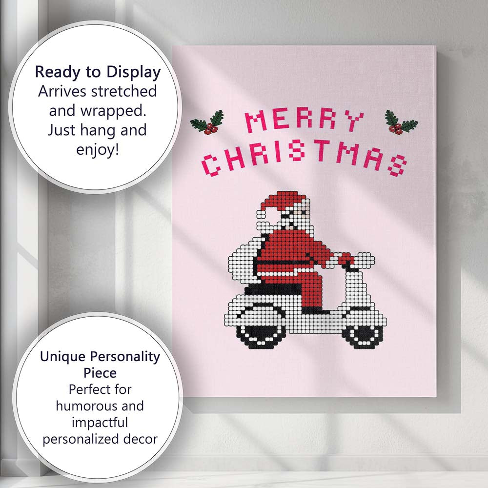 Retro Pixel Santa Riding Scooter Merry Christmas Canvas Wall Art Print Decor Picture Ready to Hang