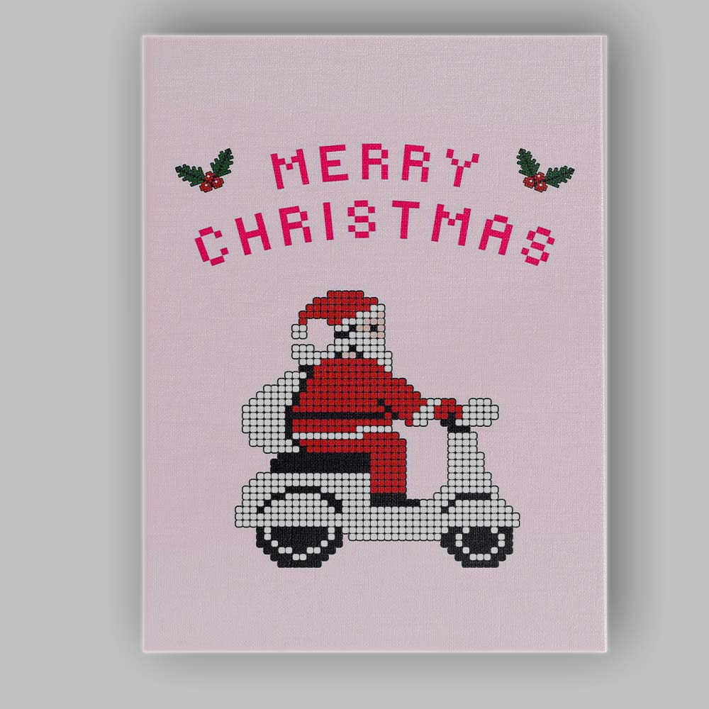 Retro Pixel Santa Riding Scooter Merry Christmas Canvas Wall Art Print Decor Picture Ready to Hang