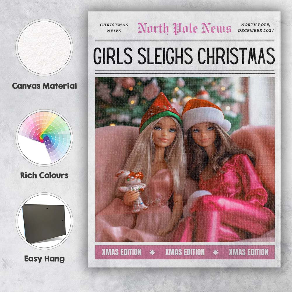 North Pole News Girls Sleighs Christmas Fashion Doll Cover Canvas Wall Art Print Decor Picture Ready to Hang