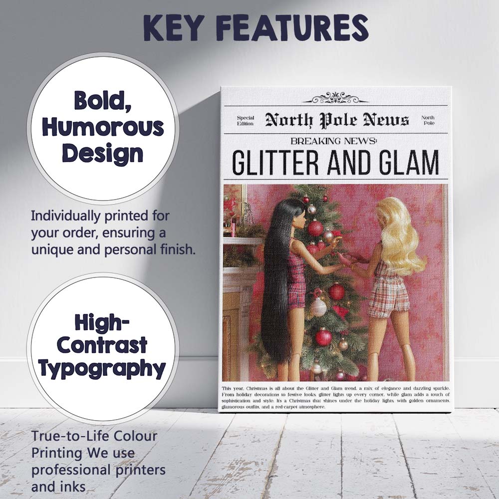 North Pole News Glitter And Glam Christmas Tree Fashion Doll Cover Canvas Wall Art Print Decor Picture Ready to Hang