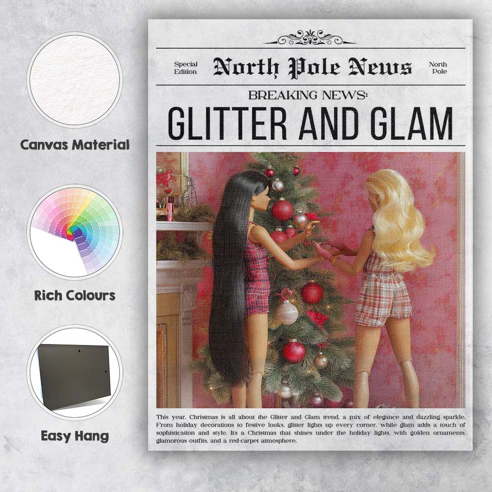 North Pole News Glitter And Glam Christmas Tree Fashion Doll Cover Canvas Wall Art Print Decor Picture Ready to Hang