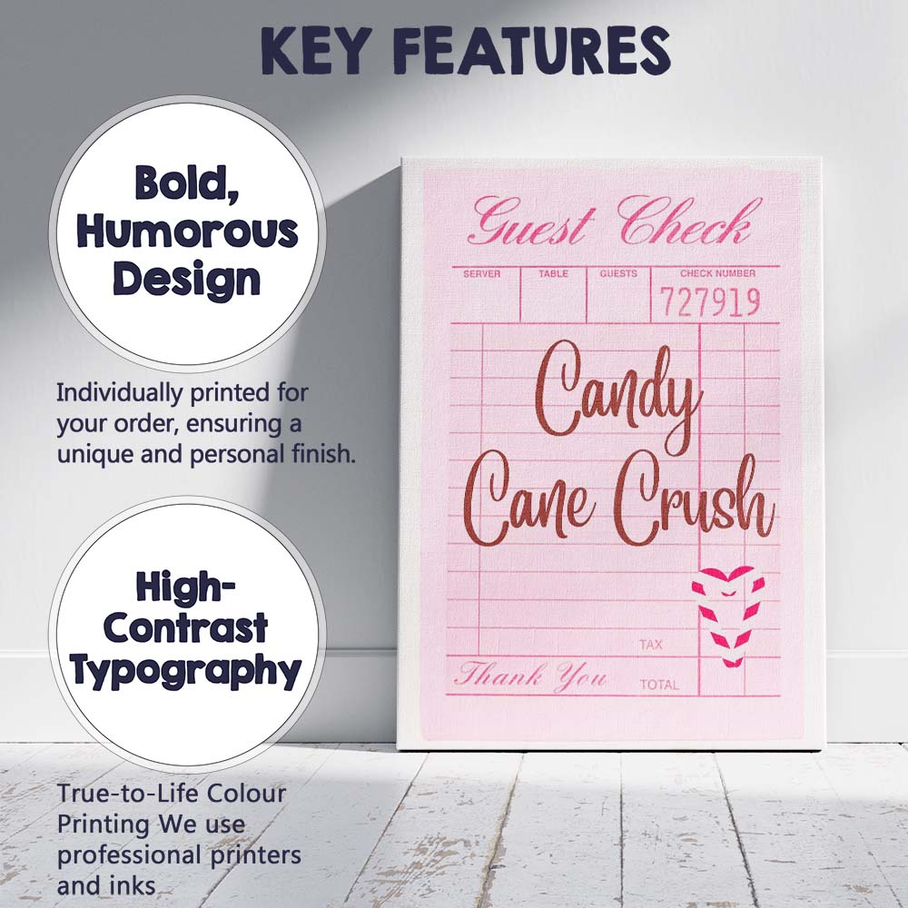 Candy Cane Crush Retro Guest Check Christmas Typography Canvas Wall Art Print Decor Picture Ready to Hang