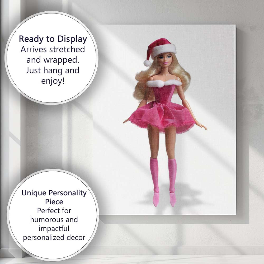 Pink Christmas Fashion Doll Santa Hat Glam Illustration Canvas Wall Art Print Decor Picture Ready to Hang