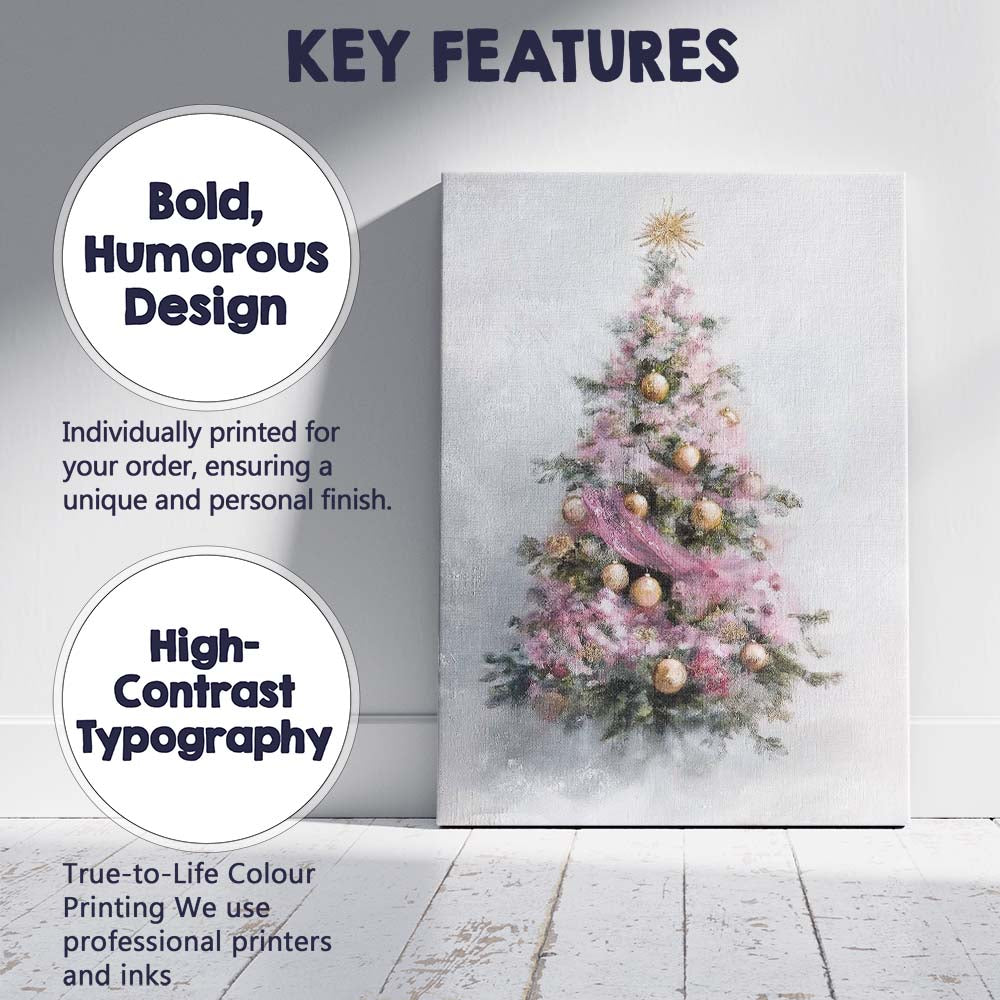 Pastel Pink Christmas Tree Gold Baubles Soft Painterly Canvas Wall Art Print Decor Picture Ready to Hang