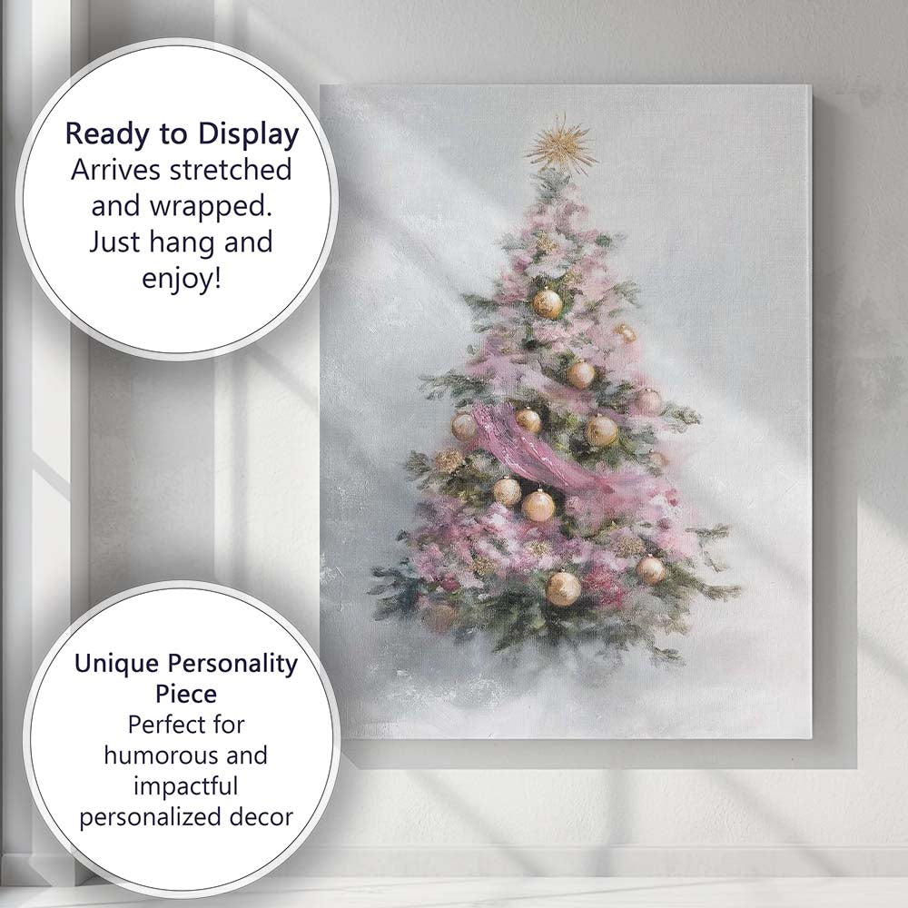 Pastel Pink Christmas Tree Gold Baubles Soft Painterly Canvas Wall Art Print Decor Picture Ready to Hang