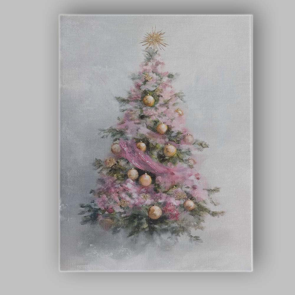 Pastel Pink Christmas Tree Gold Baubles Soft Painterly Canvas Wall Art Print Decor Picture Ready to Hang