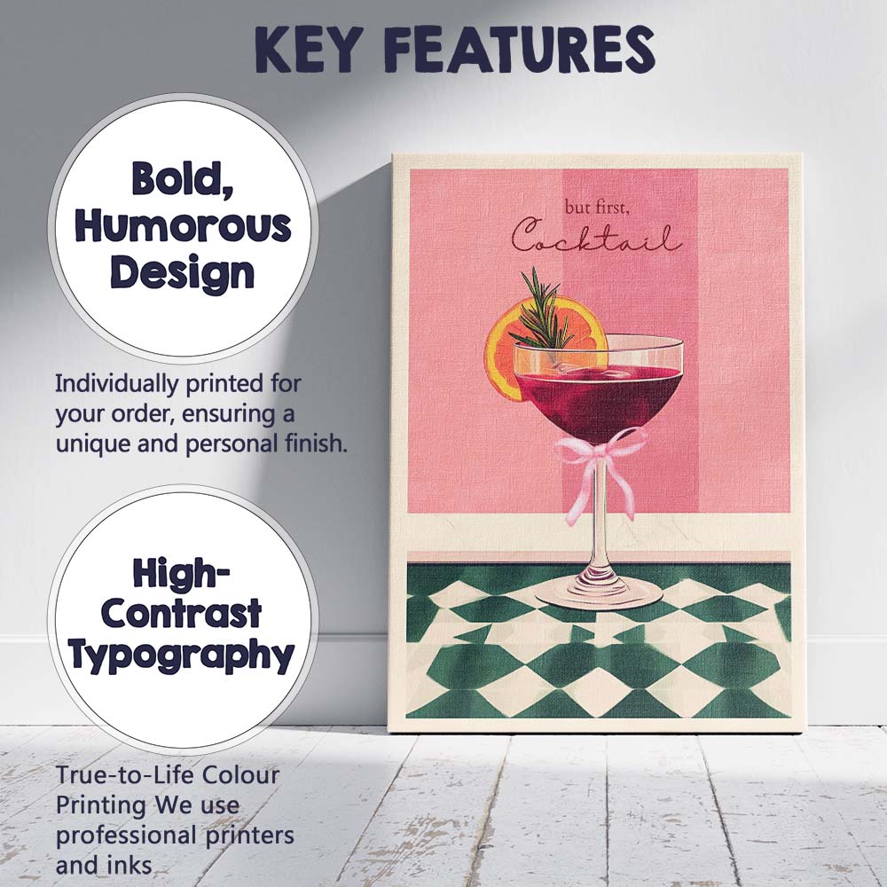 But First Cocktail Pink Christmas Festive Drink Typography Canvas Wall Art Print Decor Picture Ready to Hang
