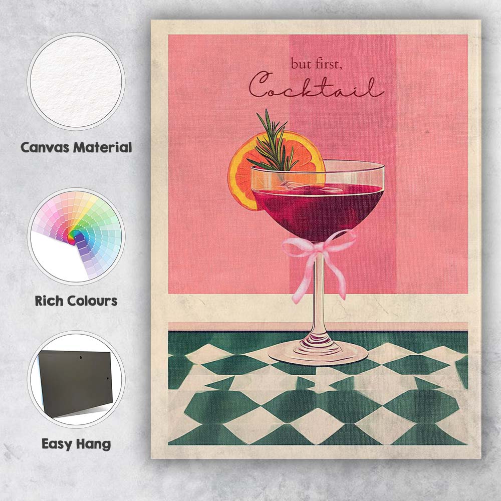 But First Cocktail Pink Christmas Festive Drink Typography Canvas Wall Art Print Decor Picture Ready to Hang