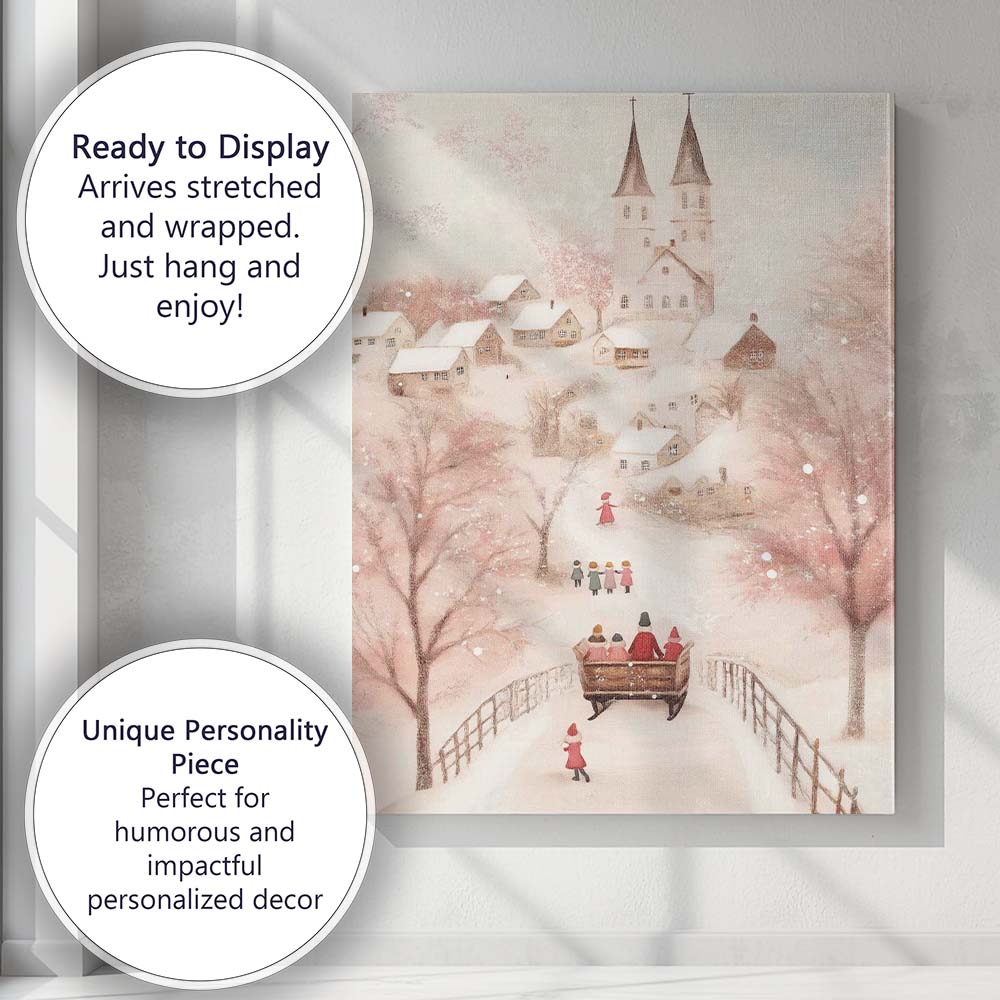 Pastel Pink Snowy Christmas Village Church Winter Wonderland Canvas Wall Art Print Decor Picture Ready to Hang