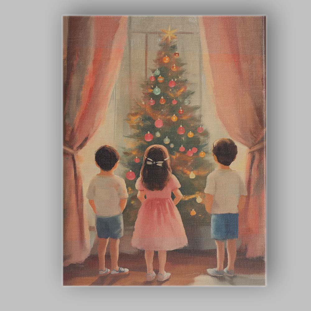 Children Admiring Christmas Tree Cosy Festive Family Painting Canvas Wall Art Print Decor Picture Ready to Hang