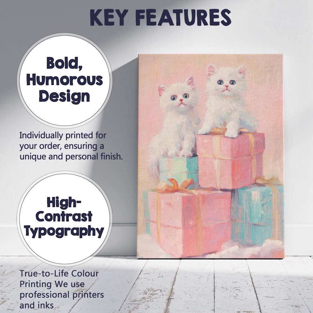 Cute White Kittens Sitting on Pastel Christmas Gift Boxes Canvas Wall Art Print Decor Picture Ready to Hang