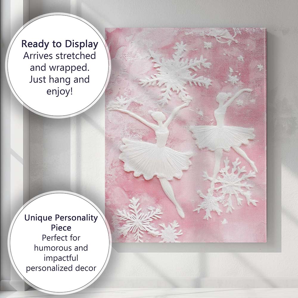 Pink Winter Ballet Dancers Snowflake Textured Artwork Canvas Wall Art Print Decor Picture Ready to Hang