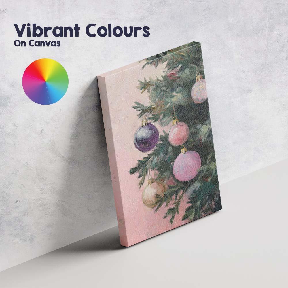 Pastel Pink Christmas Baubles Evergreen Tree Watercolour Canvas Wall Art Print Decor Picture Ready to Hang