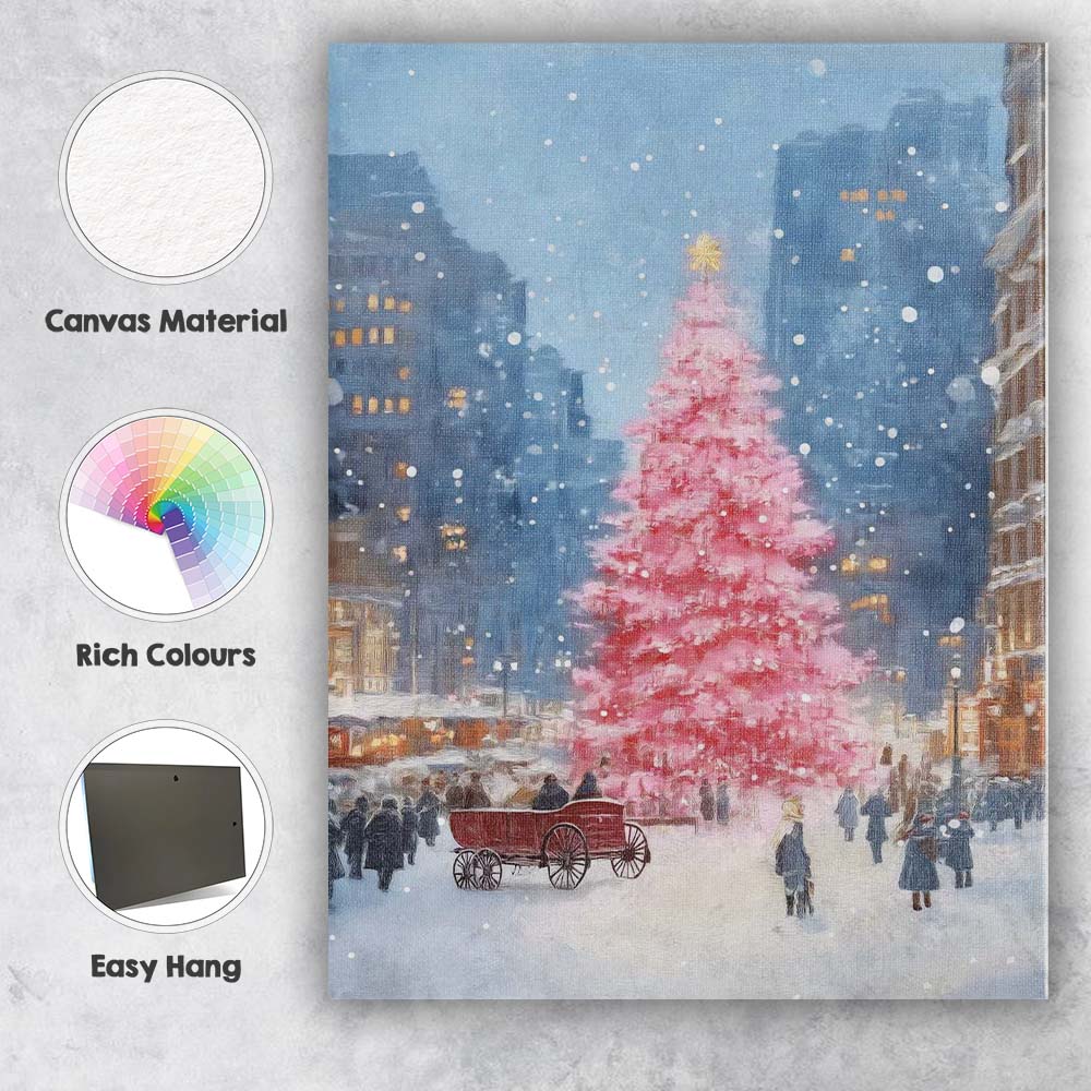 Pink Christmas Tree Snowy City Winter Wonderland Canvas Wall Art Print Decor Picture Ready to Hang