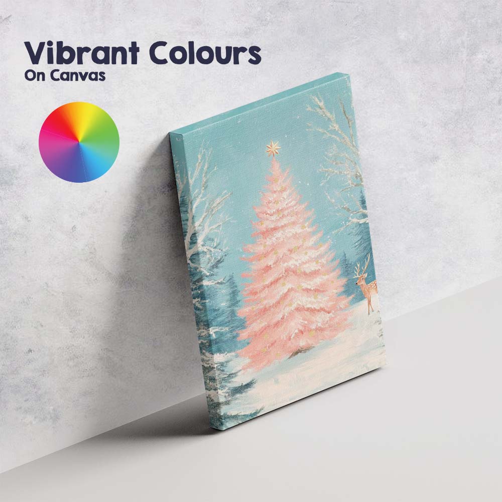 Pastel Pink Christmas Tree Winter Forest Deer Landscape Canvas Wall Art Print Decor Picture Ready to Hang