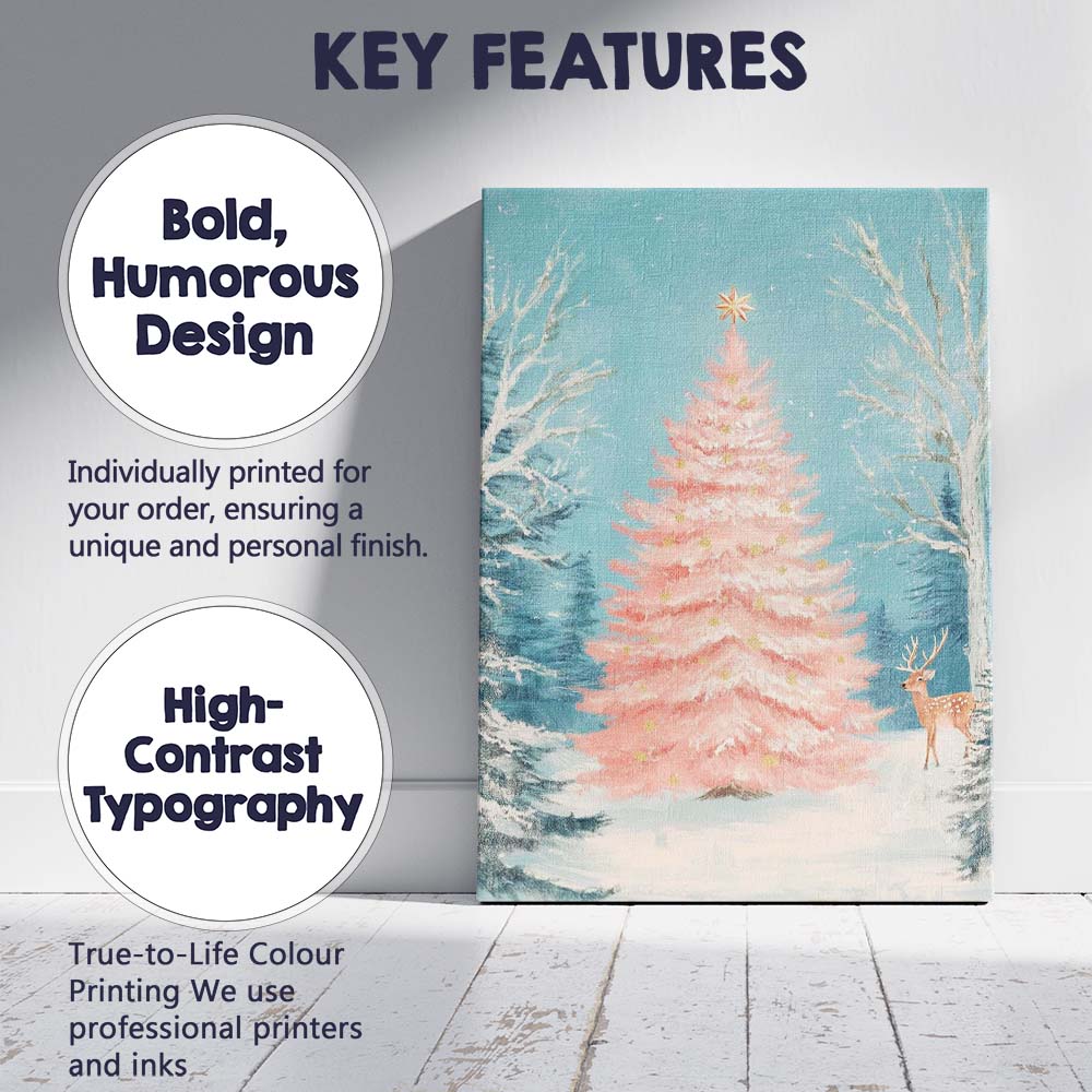Pastel Pink Christmas Tree Winter Forest Deer Landscape Canvas Wall Art Print Decor Picture Ready to Hang