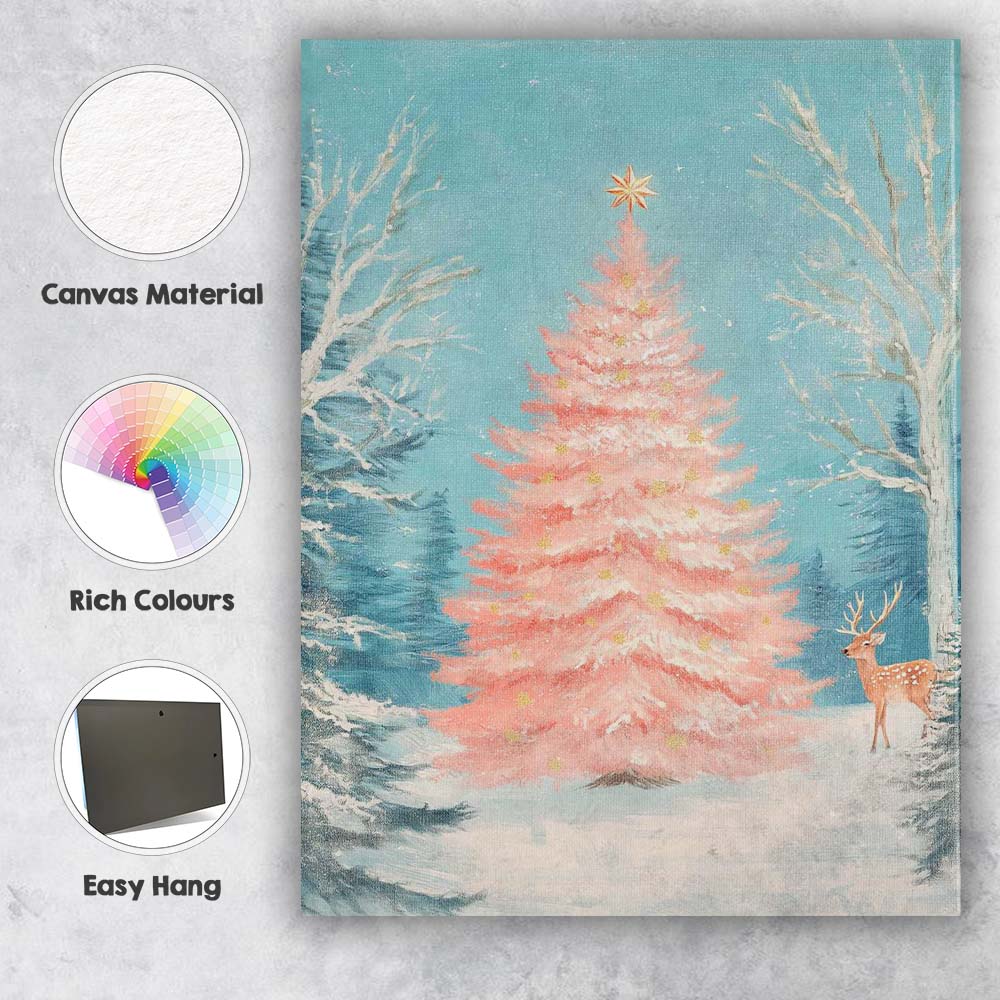 Pastel Pink Christmas Tree Winter Forest Deer Landscape Canvas Wall Art Print Decor Picture Ready to Hang