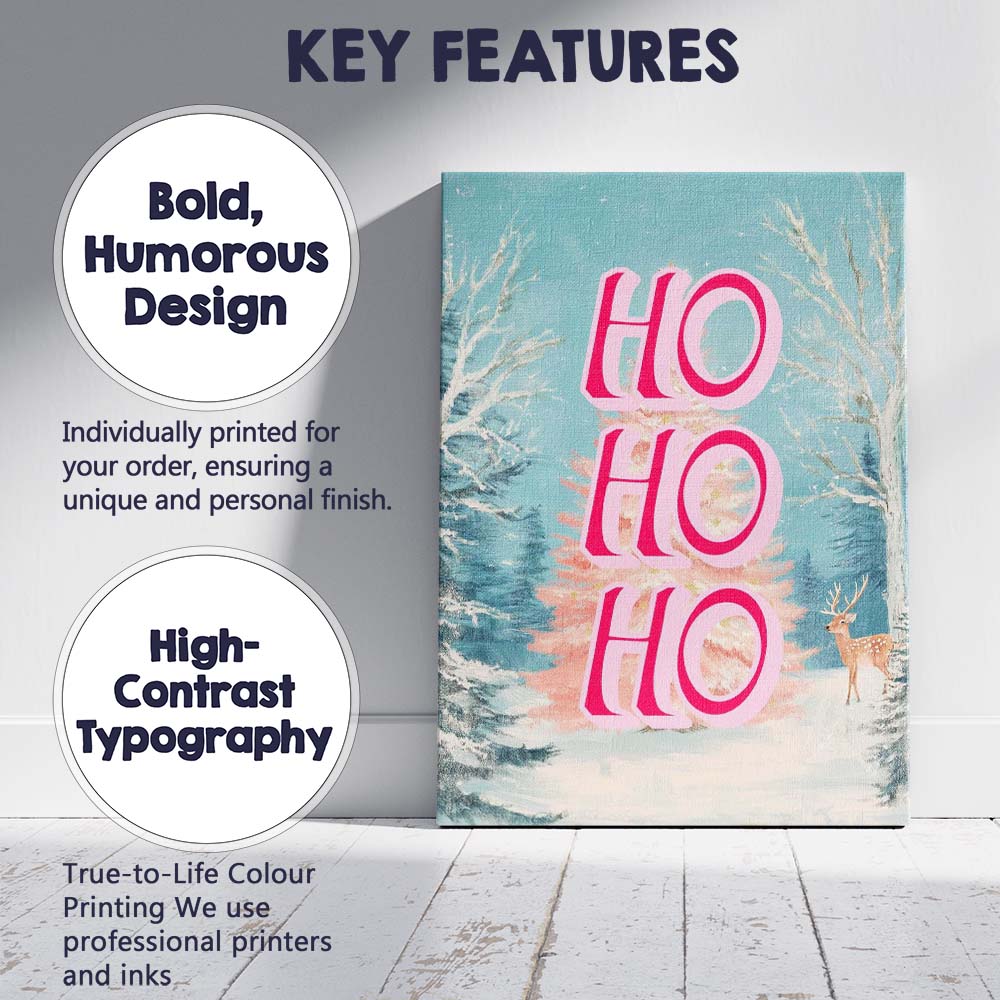 Pink Ho Ho Ho Christmas Tree Typography Winter Woodland Canvas Wall Art Print Decor Picture Ready to Hang