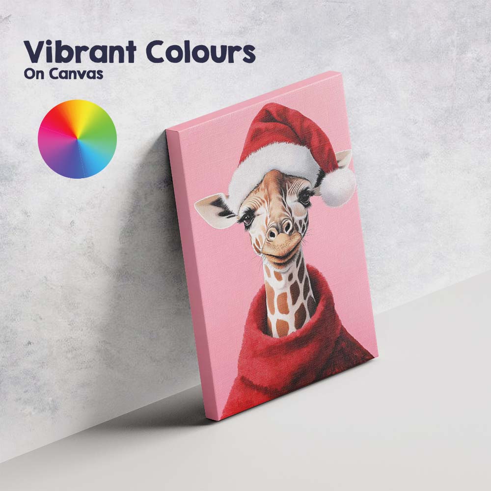 Cute Christmas Giraffe Santa Hat Pink Portrait Canvas Wall Art Print Decor Picture Ready to Hang