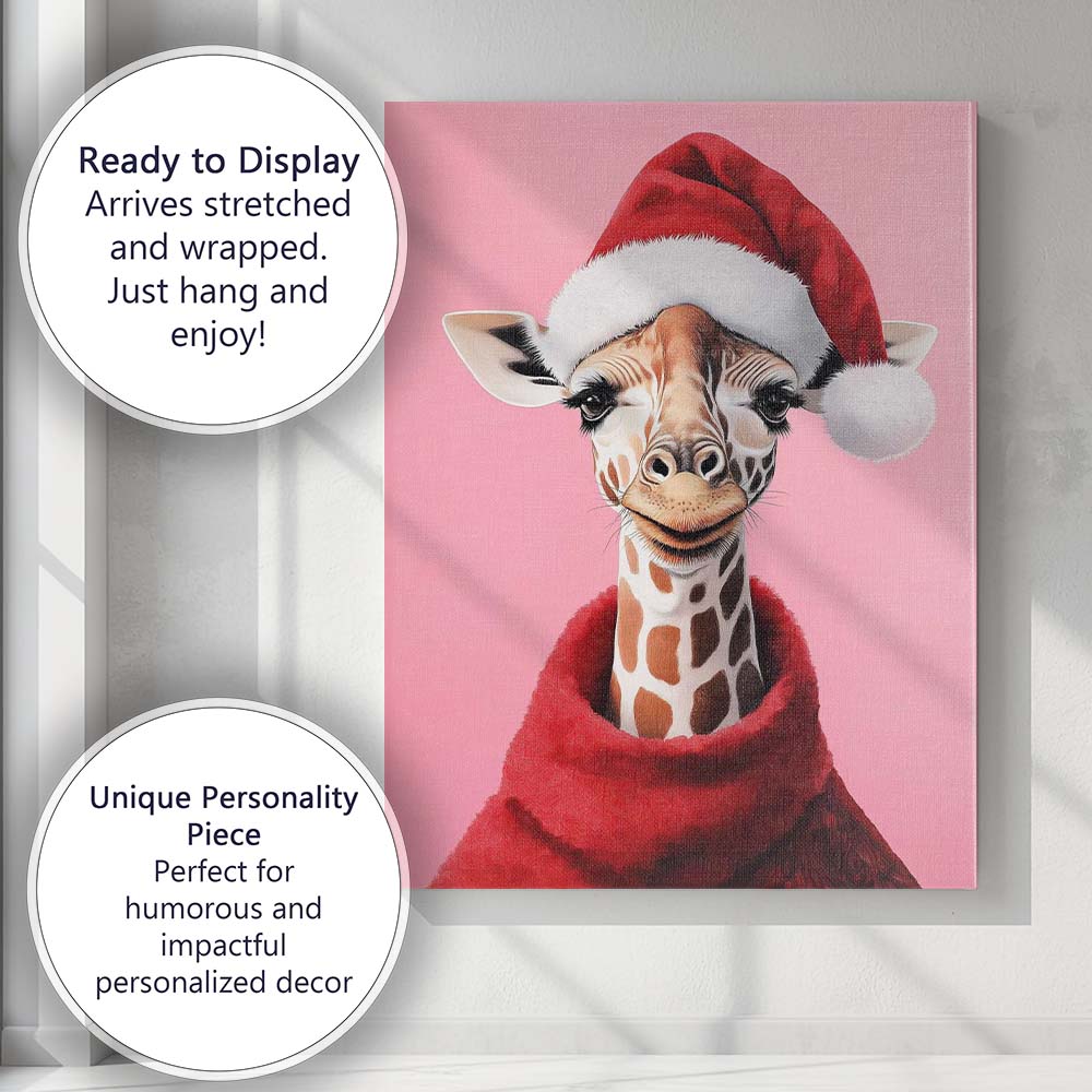 Cute Christmas Giraffe Santa Hat Pink Portrait Canvas Wall Art Print Decor Picture Ready to Hang