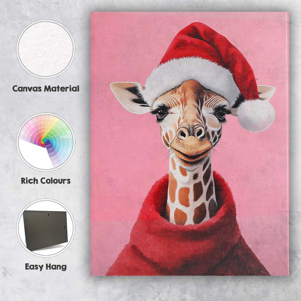 Cute Christmas Giraffe Santa Hat Pink Portrait Canvas Wall Art Print Decor Picture Ready to Hang