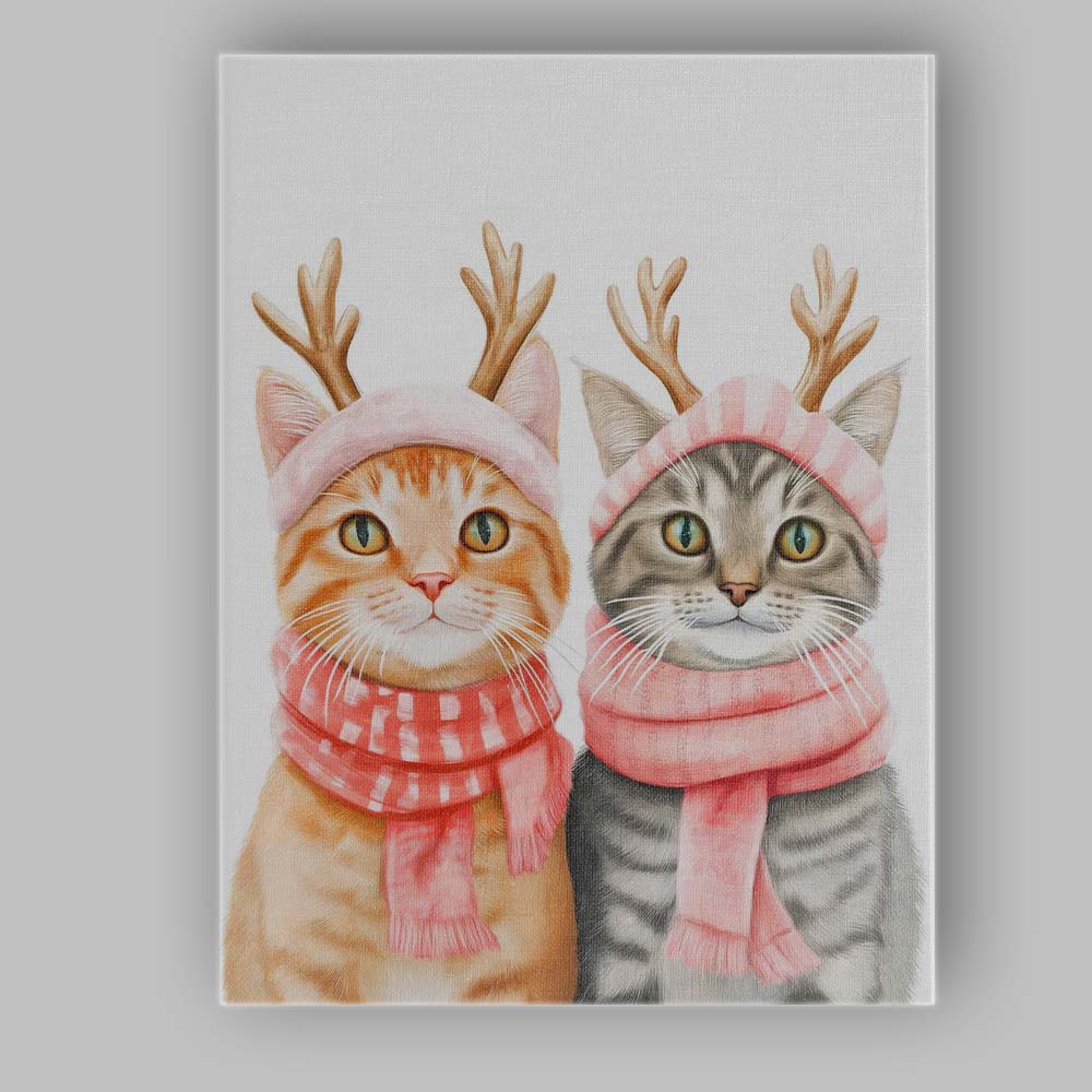 Festive Christmas Cats Reindeer Antlers Pink Scarf Illustration Canvas Wall Art Print Decor Picture Ready to Hang