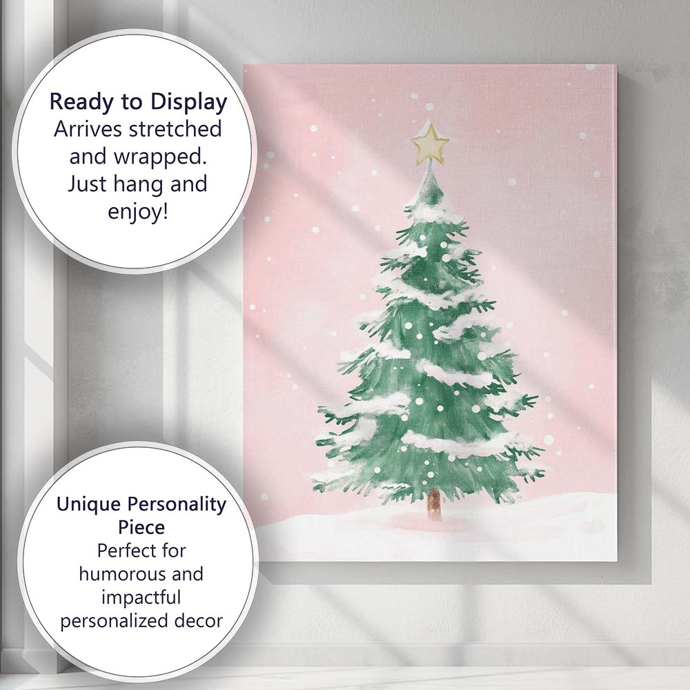 Pastel Pink Snowy Christmas Tree Watercolour Winter Landscape Canvas Wall Art Print Decor Picture Ready to Hang