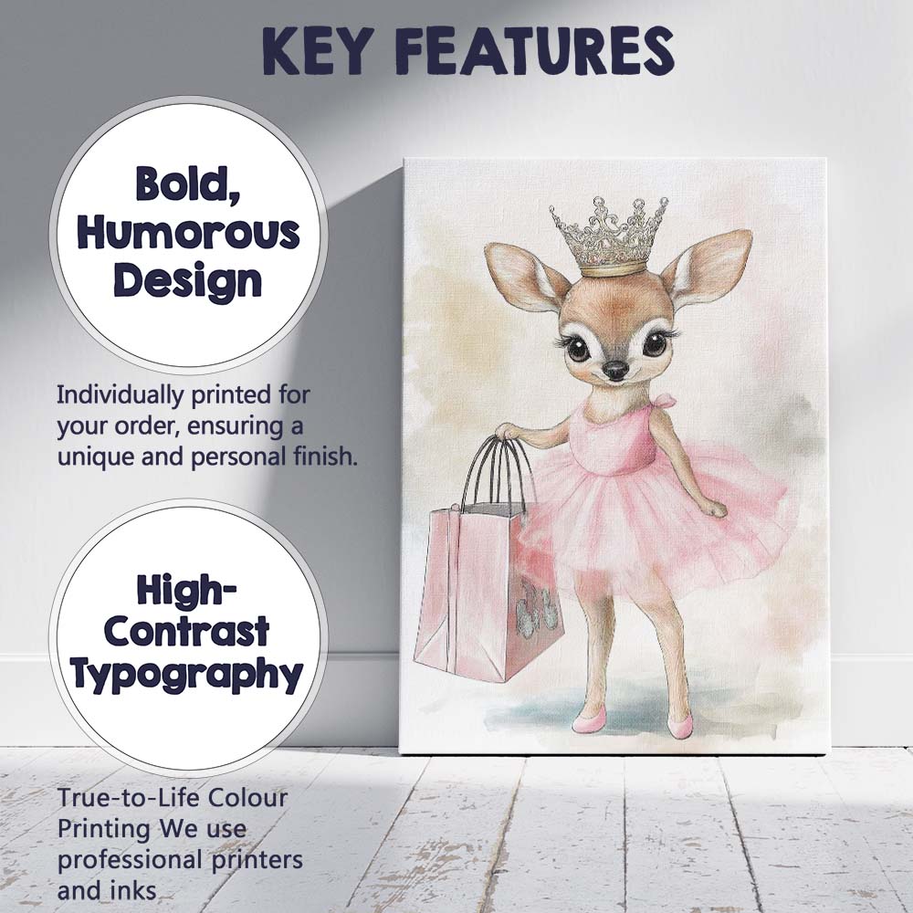 Cute Princess Fawn Pink Tutu Shopping Watercolour Canvas Wall Art Print Decor Picture Ready to Hang