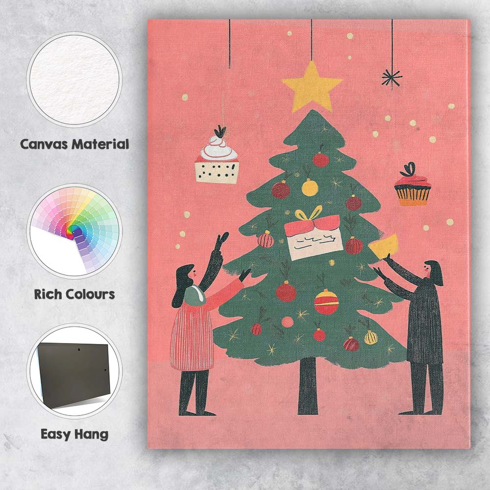 Scandinavian Christmas Tree Decorating Festive Family Illustration Canvas Wall Art Print Decor Picture Ready to Hang