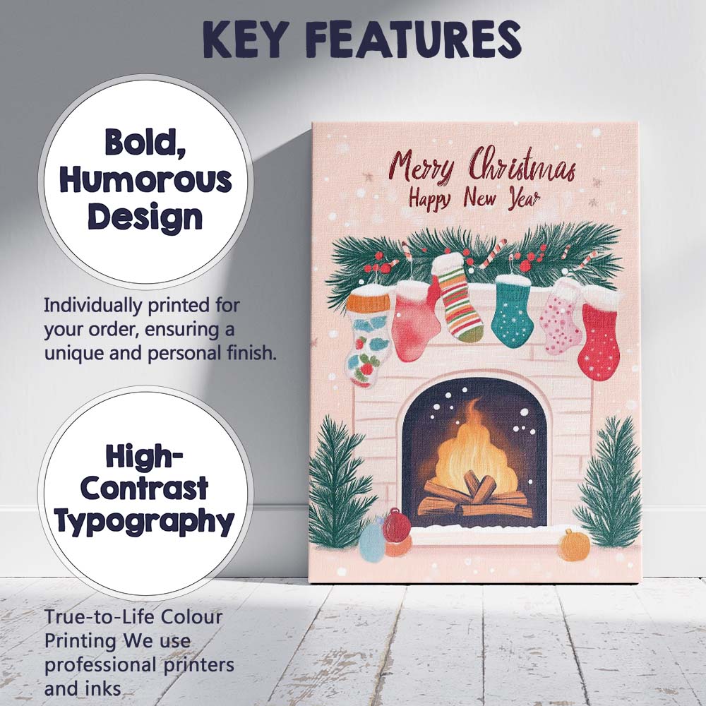 Cosy Christmas Fireplace Hanging Stockings Holiday Greeting Illustration Canvas Wall Art Print Decor Picture Ready to Hang