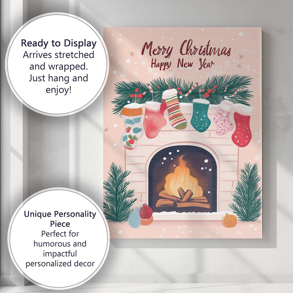 Cosy Christmas Fireplace Hanging Stockings Holiday Greeting Illustration Canvas Wall Art Print Decor Picture Ready to Hang