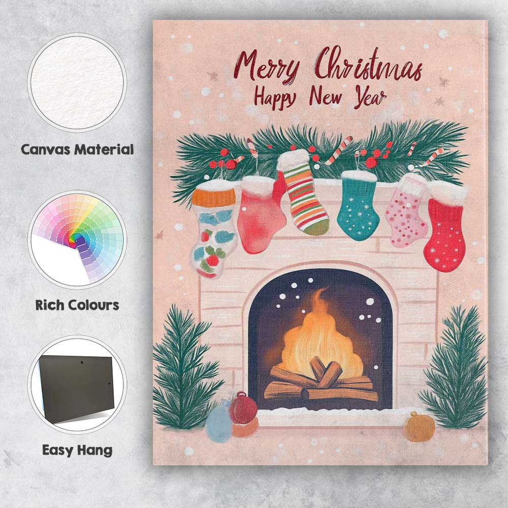 Cosy Christmas Fireplace Hanging Stockings Holiday Greeting Illustration Canvas Wall Art Print Decor Picture Ready to Hang