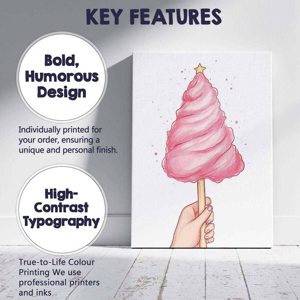 Whimsical Pink Candy Floss Christmas Tree Sweet Treat Illustration Canvas Wall Art Print Decor Picture Ready to Hang