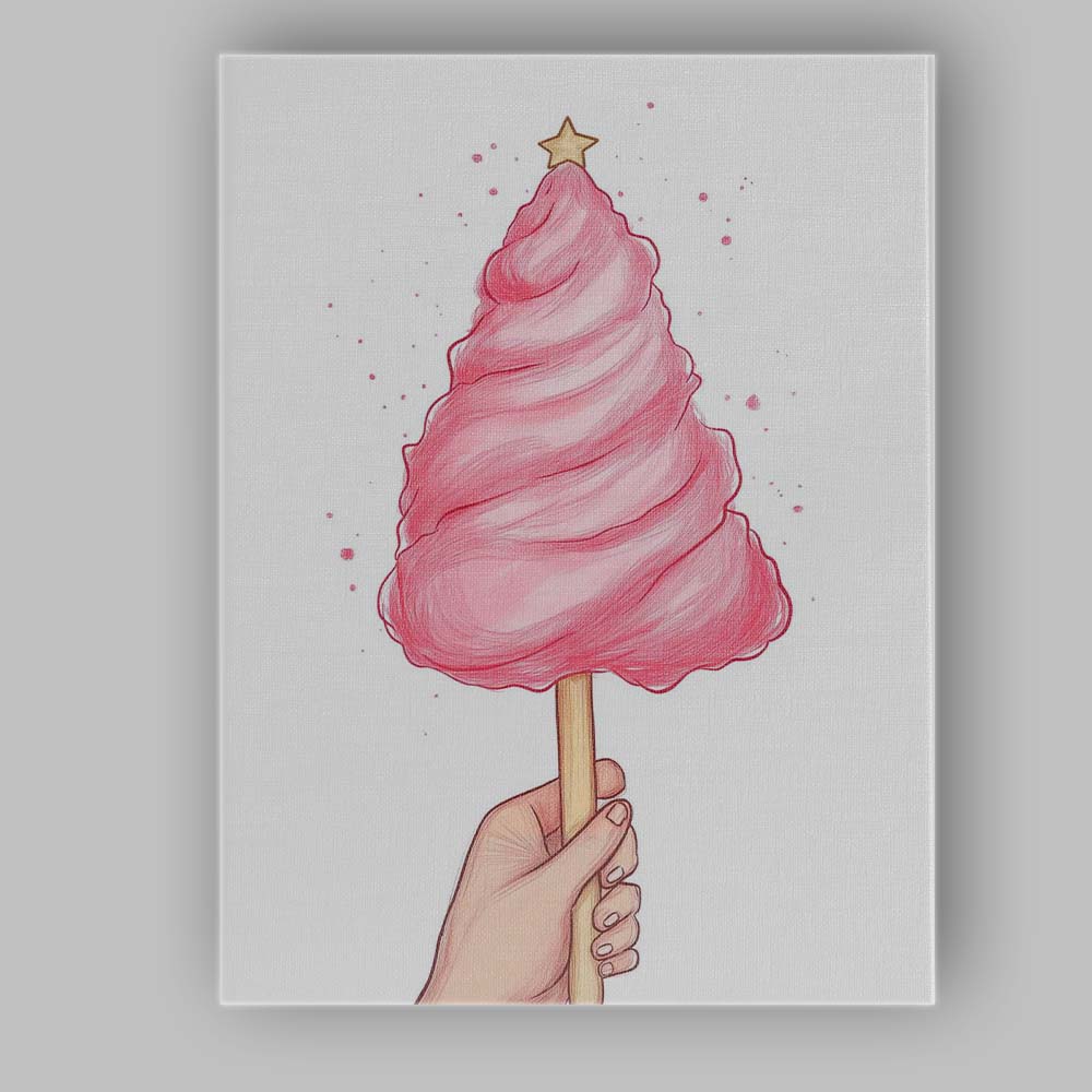 Whimsical Pink Candy Floss Christmas Tree Sweet Treat Illustration Canvas Wall Art Print Decor Picture Ready to Hang