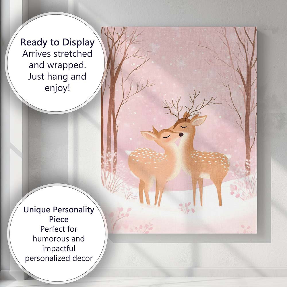Romantic Winter Deer Couple Pink Snow Forest Illustration Canvas Wall Art Print Decor Picture Ready to Hang