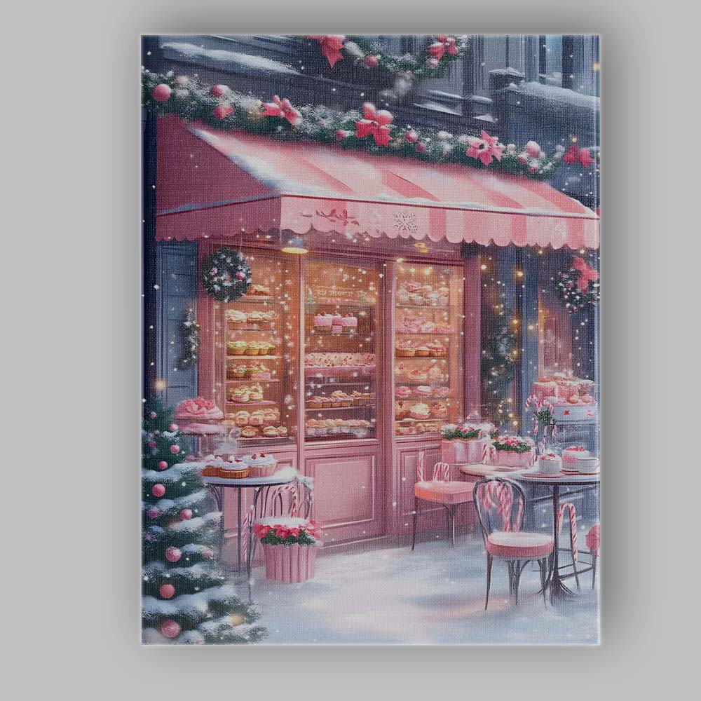 Pink Christmas Bakery Shop Snowy Winter Storefront Canvas Wall Art Print Decor Picture Ready to Hang